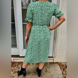 Green and White Floral Button Down Midi Dress
